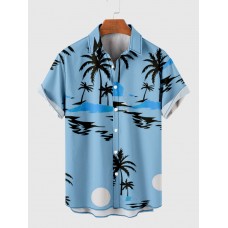 Blue Coconut Tree Print Summer Casual Men's Short Sleeve Shirt